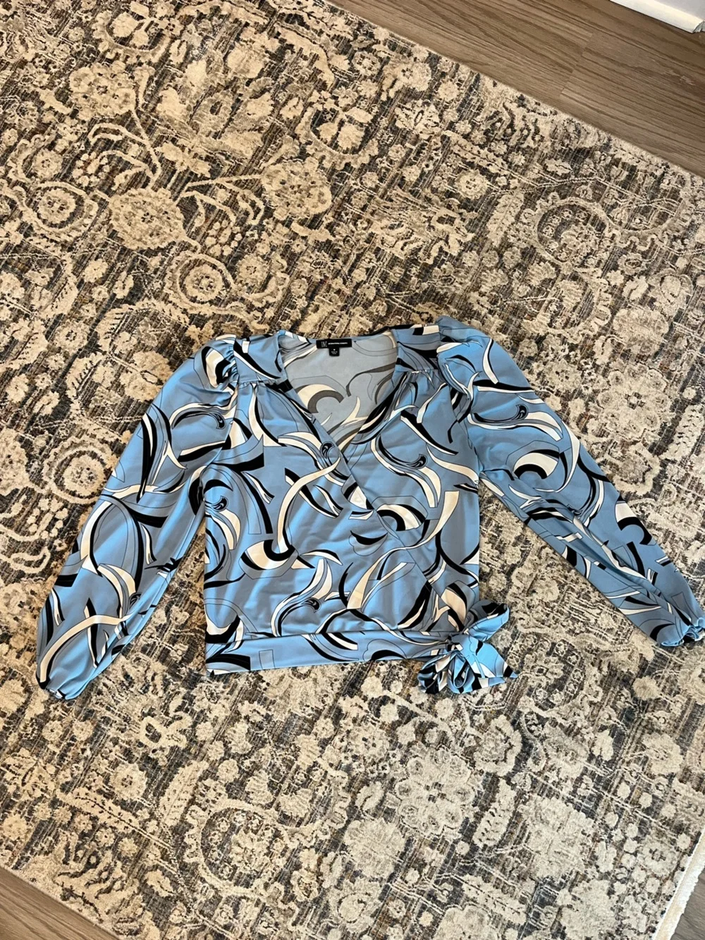 INC International Concepts Blue Abstract Print Wrap Blouse